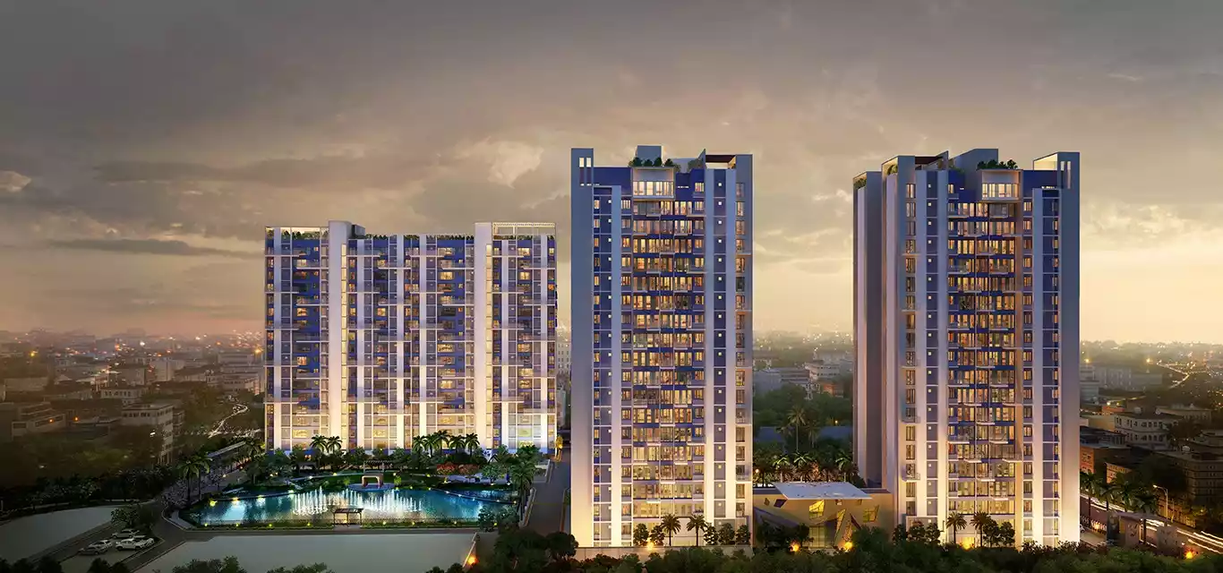 Morya towers and lit pool at night